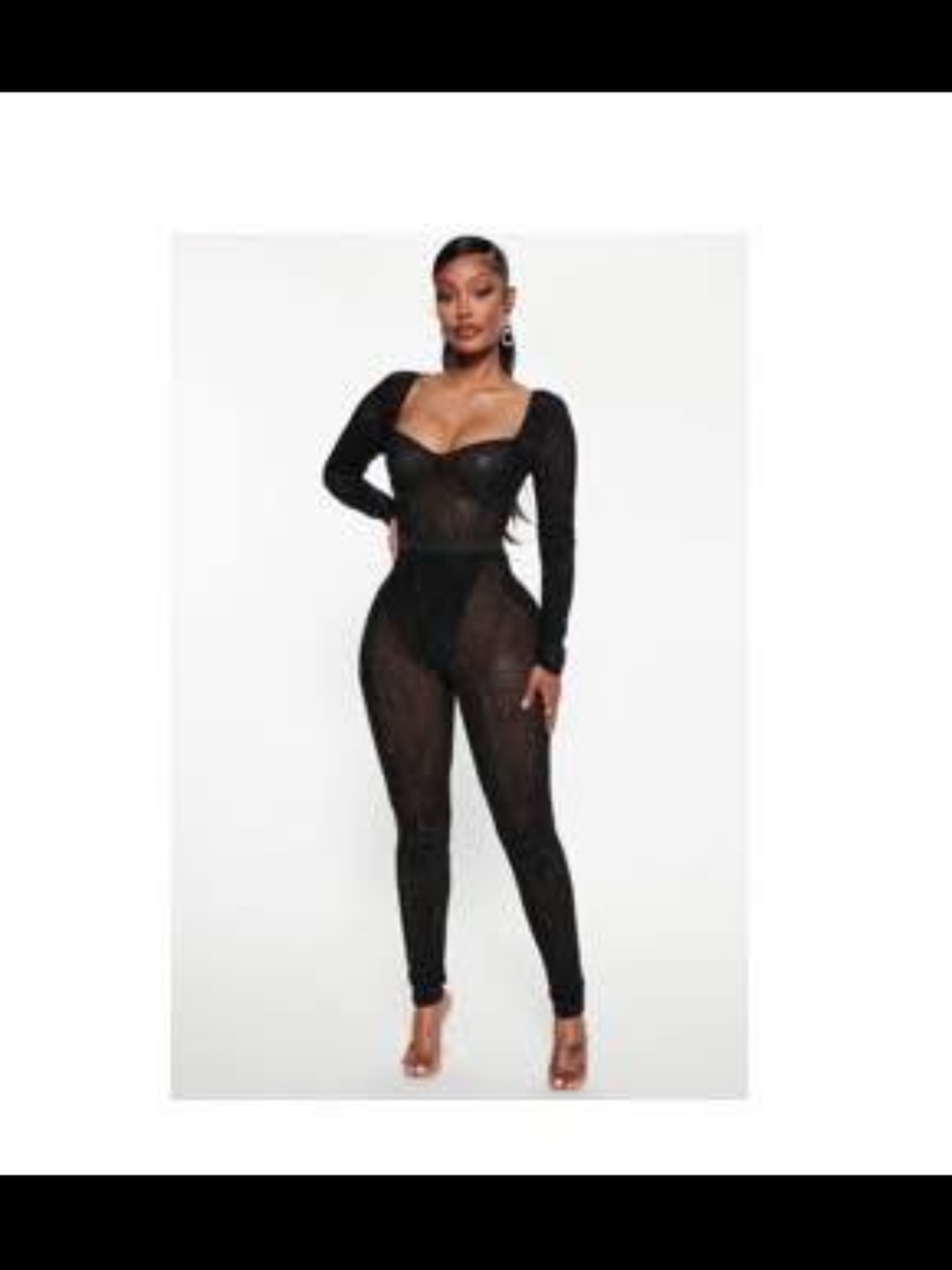 Fashion Nova Black Sheer Long-Sleeve Bodysuit Jumpsuit